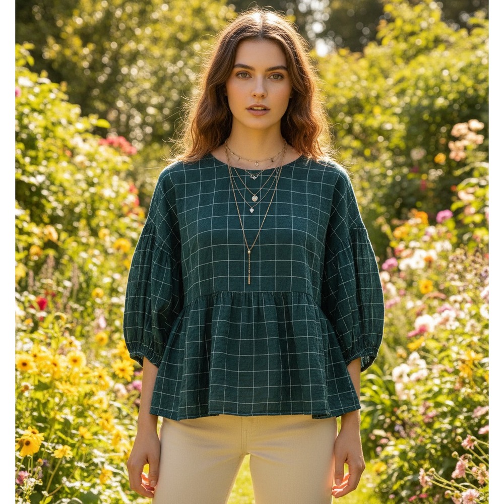 A New Day‎ XL Top Green Plaid Peplum Puff Sleeve Boho Retro Chic Mori Forest
